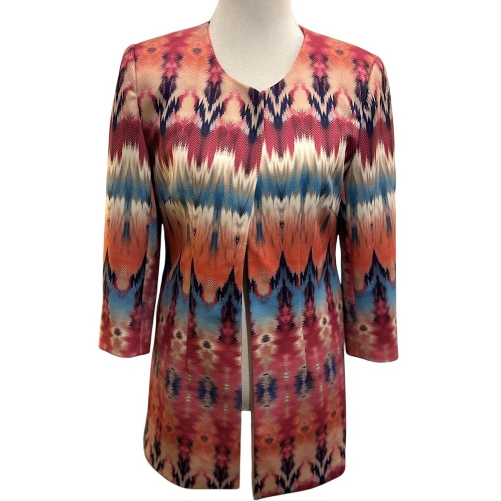 Grace Chuang New York Womens M Ikat Chevron Cotton Open Front Topper Jacket